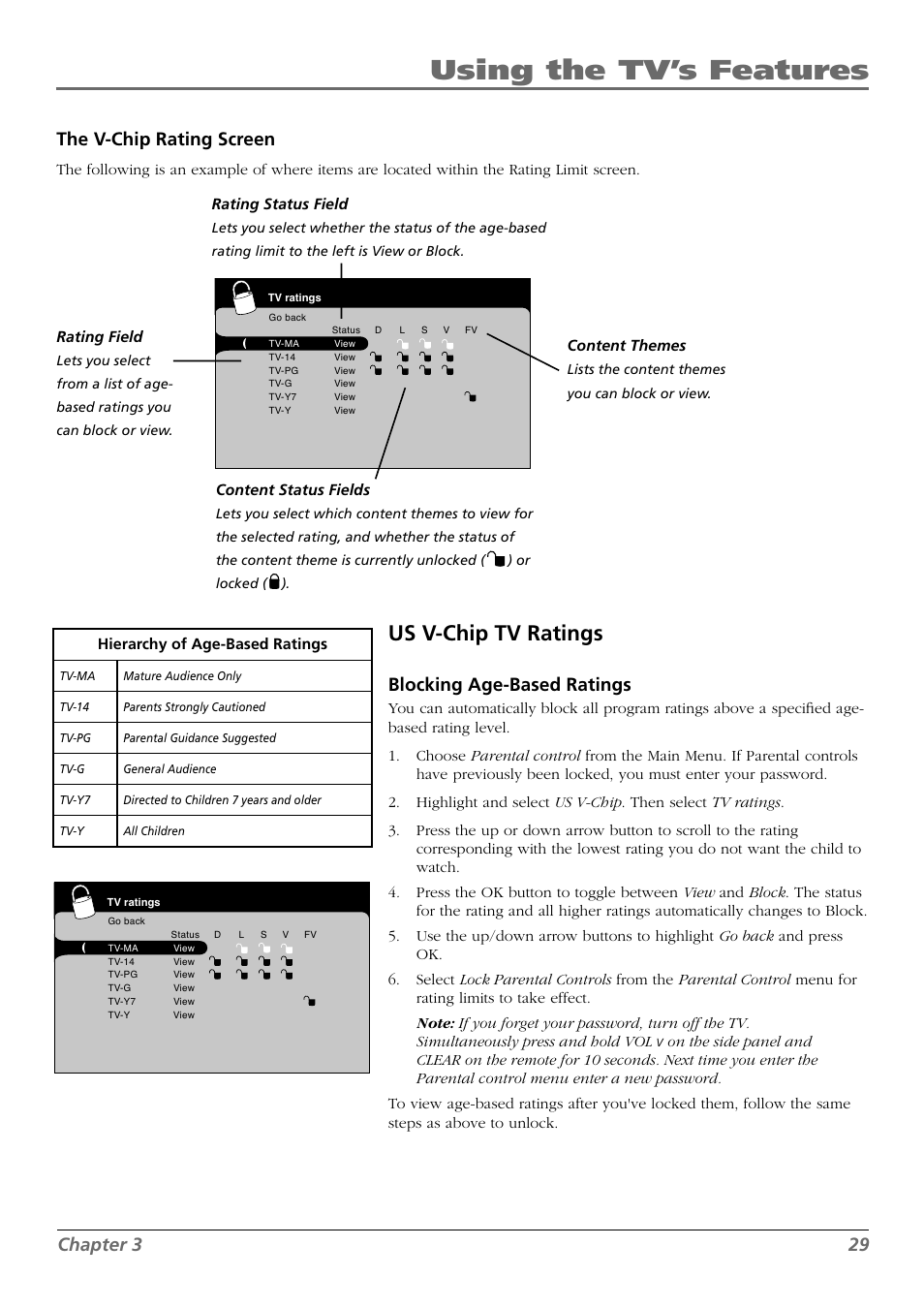 Using the tv’s features, Us v-chip tv ratings, Chapter 3 29 | The v-chip rating screen, Blocking age-based ratings | RCA L42FHD28 User Manual | Page 29 / 48