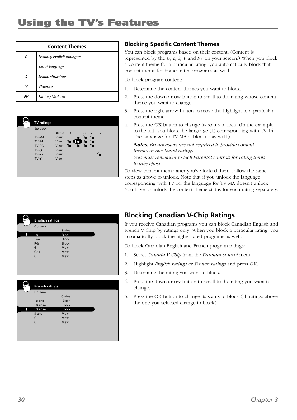 Using the tv’s features, Blocking canadian v-chip ratings, 30 chapter 3 | Blocking specifi c content themes | RCA L42FHD28 User Manual | Page 30 / 48