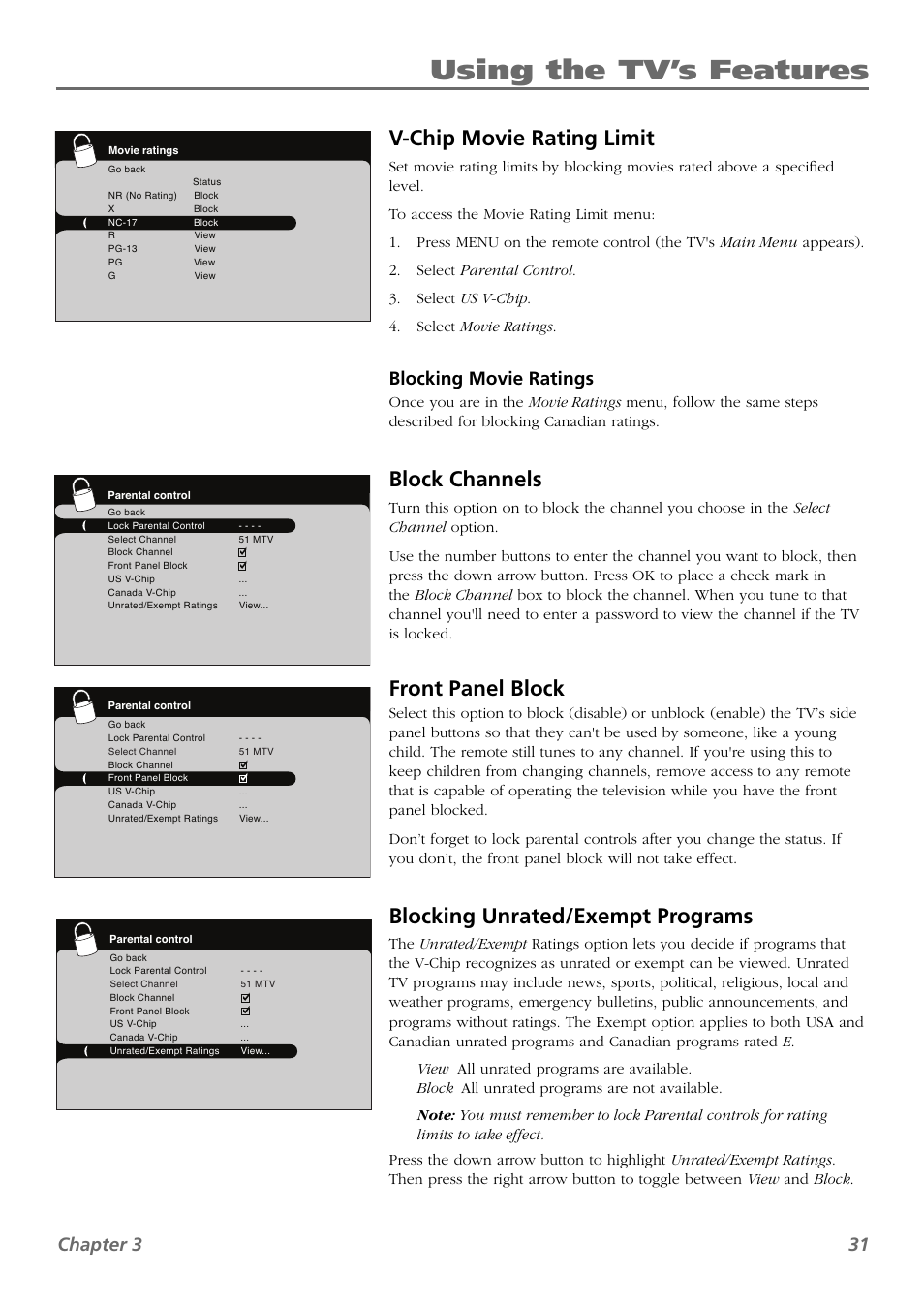 Using the tv’s features, V-chip movie rating limit, Block channels | Front panel block, Blocking unrated/exempt programs, Chapter 3 31, Blocking movie ratings | RCA L42FHD28 User Manual | Page 31 / 48