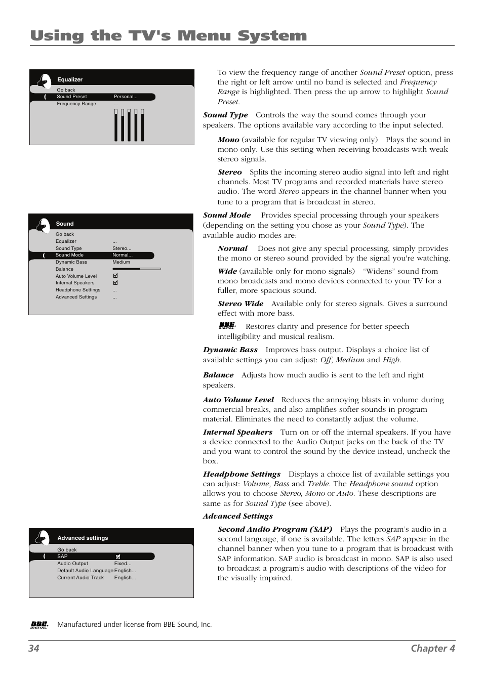 Using the tv's menu system, 34 chapter 4 | RCA L42FHD28 User Manual | Page 34 / 48