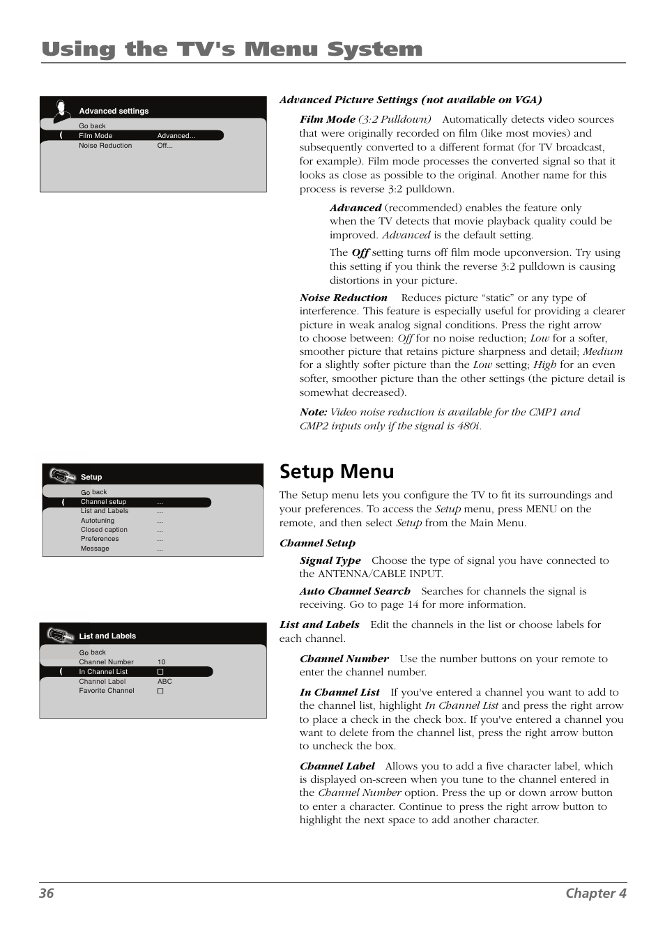 Using the tv's menu system, Setup menu, 36 chapter 4 | RCA L42FHD28 User Manual | Page 36 / 48