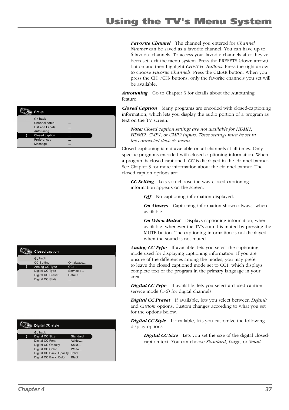 Using the tv's menu system, Chapter 4 37 | RCA L42FHD28 User Manual | Page 37 / 48