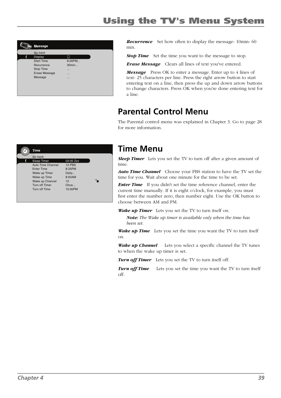 Using the tv's menu system, Parental control menu, Time menu | Chapter 4 39 | RCA L42FHD28 User Manual | Page 39 / 48
