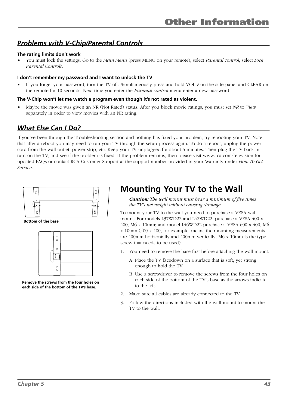 Other information, Mounting your tv to the wall, Problems with v-chip/parental controls | What else can i do | RCA L42FHD28 User Manual | Page 43 / 48