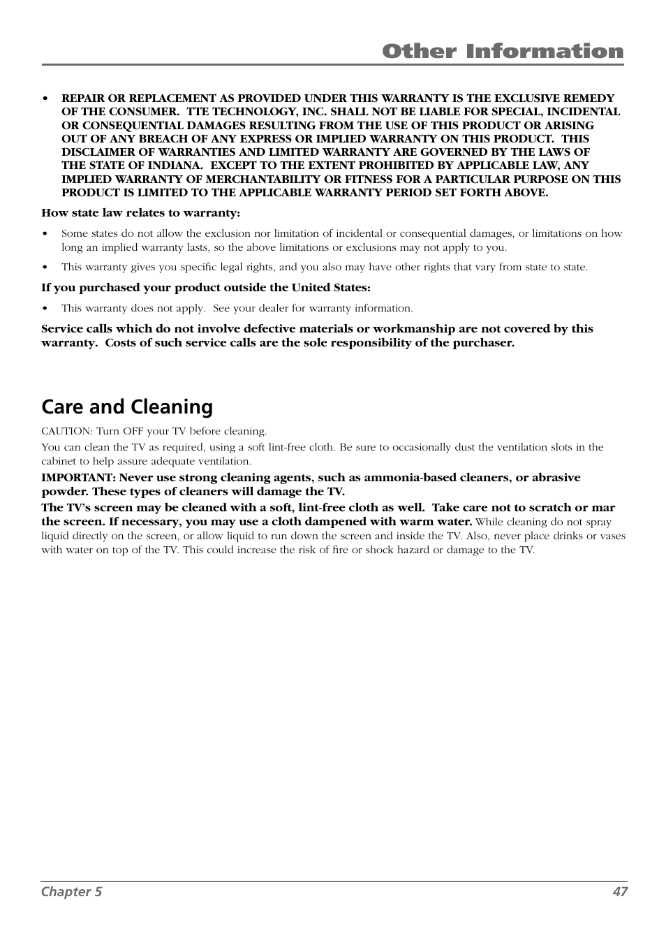 Other information, Care and cleaning | RCA L42FHD28 User Manual | Page 47 / 48