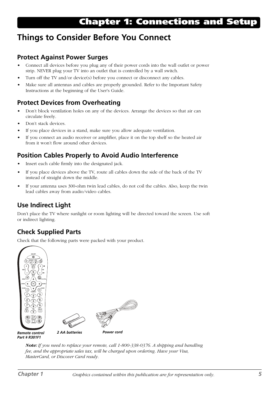 Protect against power surges, Protect devices from overheating, Use indirect light | Check supplied parts, Chapter 1 5 | RCA L42FHD28 User Manual | Page 5 / 48
