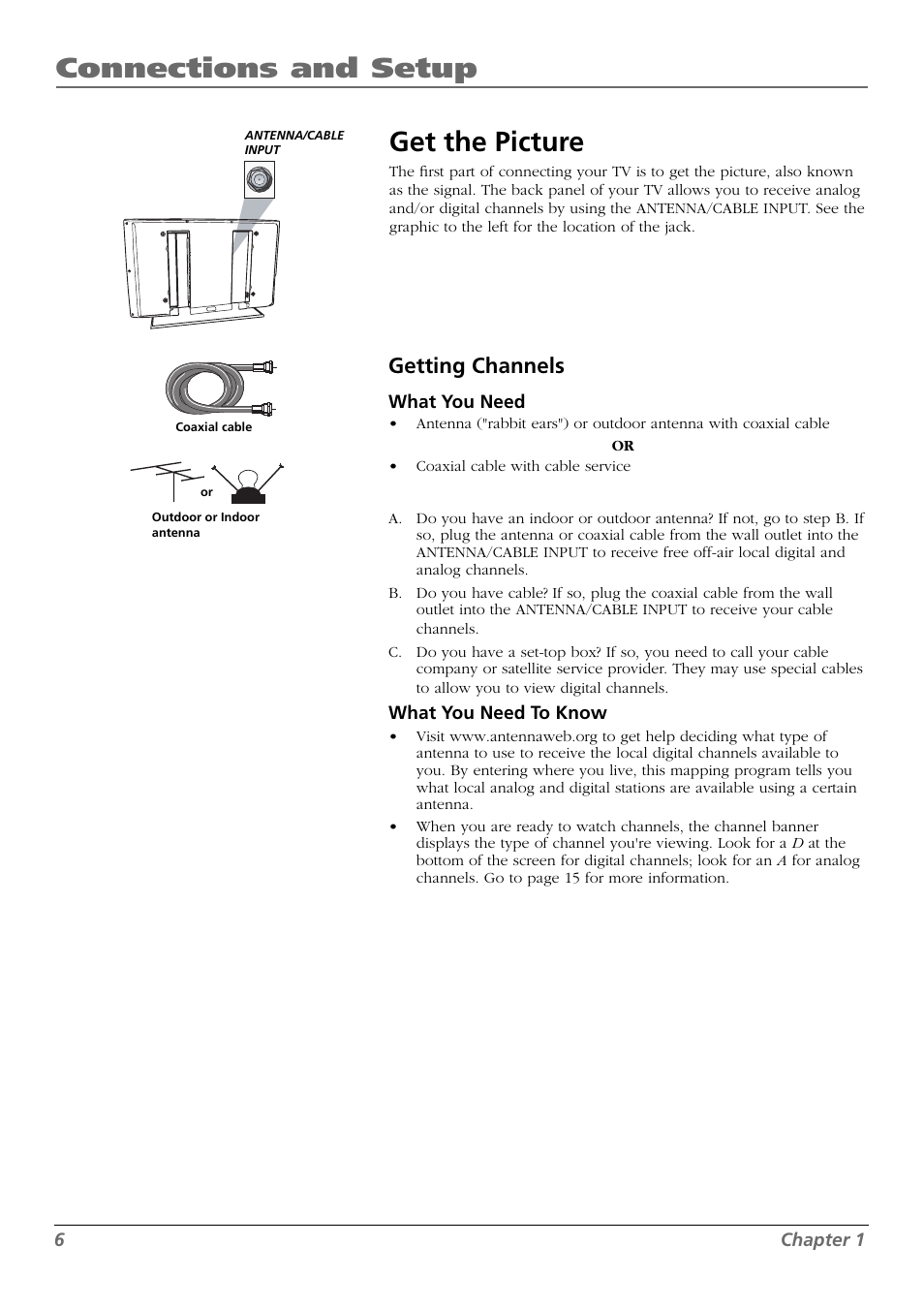 Connections and setup, Get the picture, Getting channels | RCA L42FHD28 User Manual | Page 6 / 48