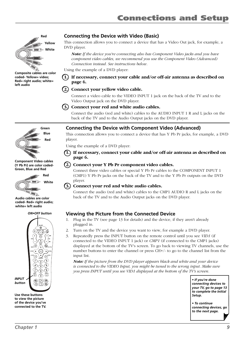 Connections and setup, Chapter 1 9, Connecting the device with video (basic) | Viewing the picture from the connected device, Connect your y pb pr component video cables, Connect your red and white audio cables | RCA L42FHD28 User Manual | Page 9 / 48