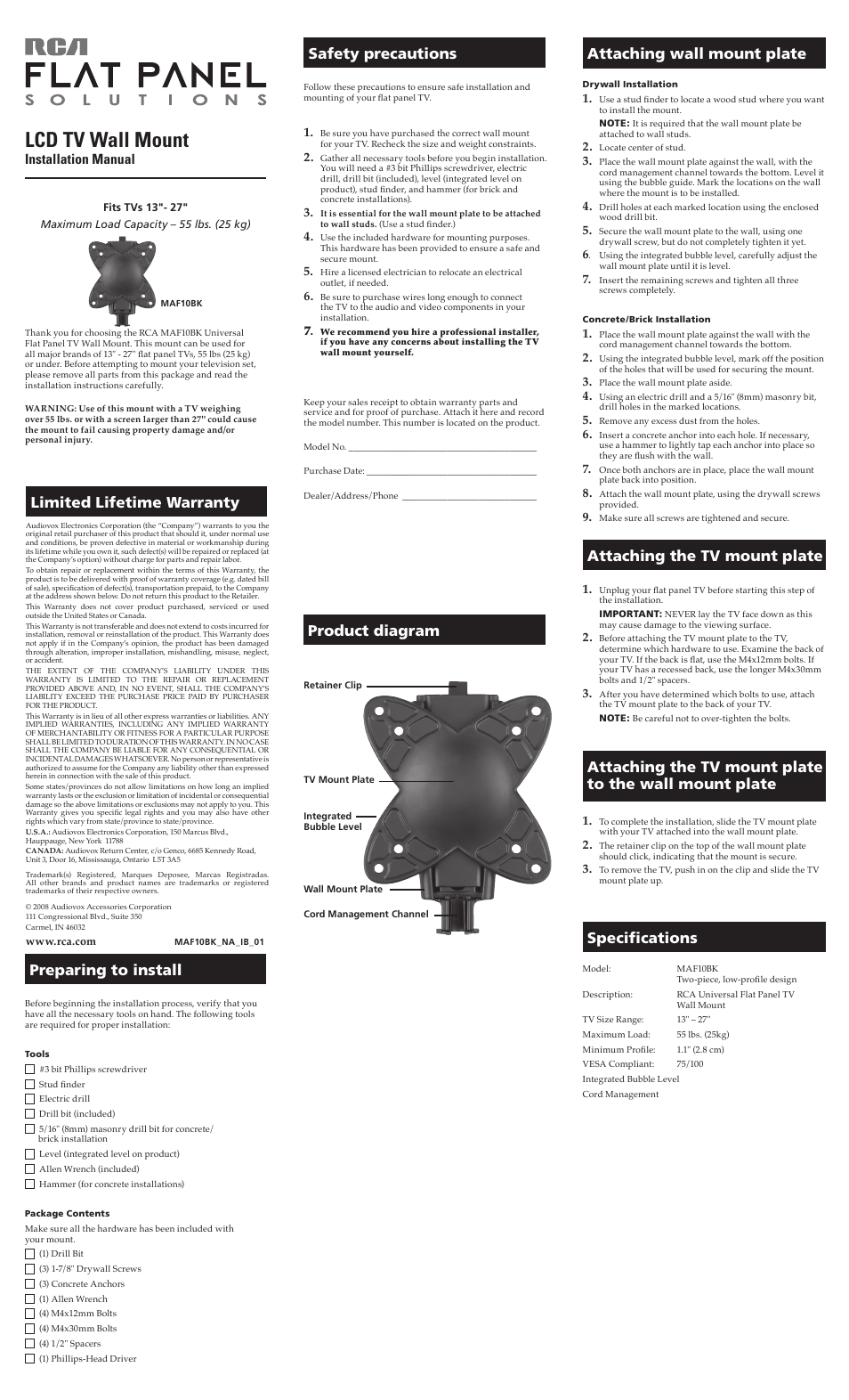 RCA MAF10BK User Manual | 2 pages