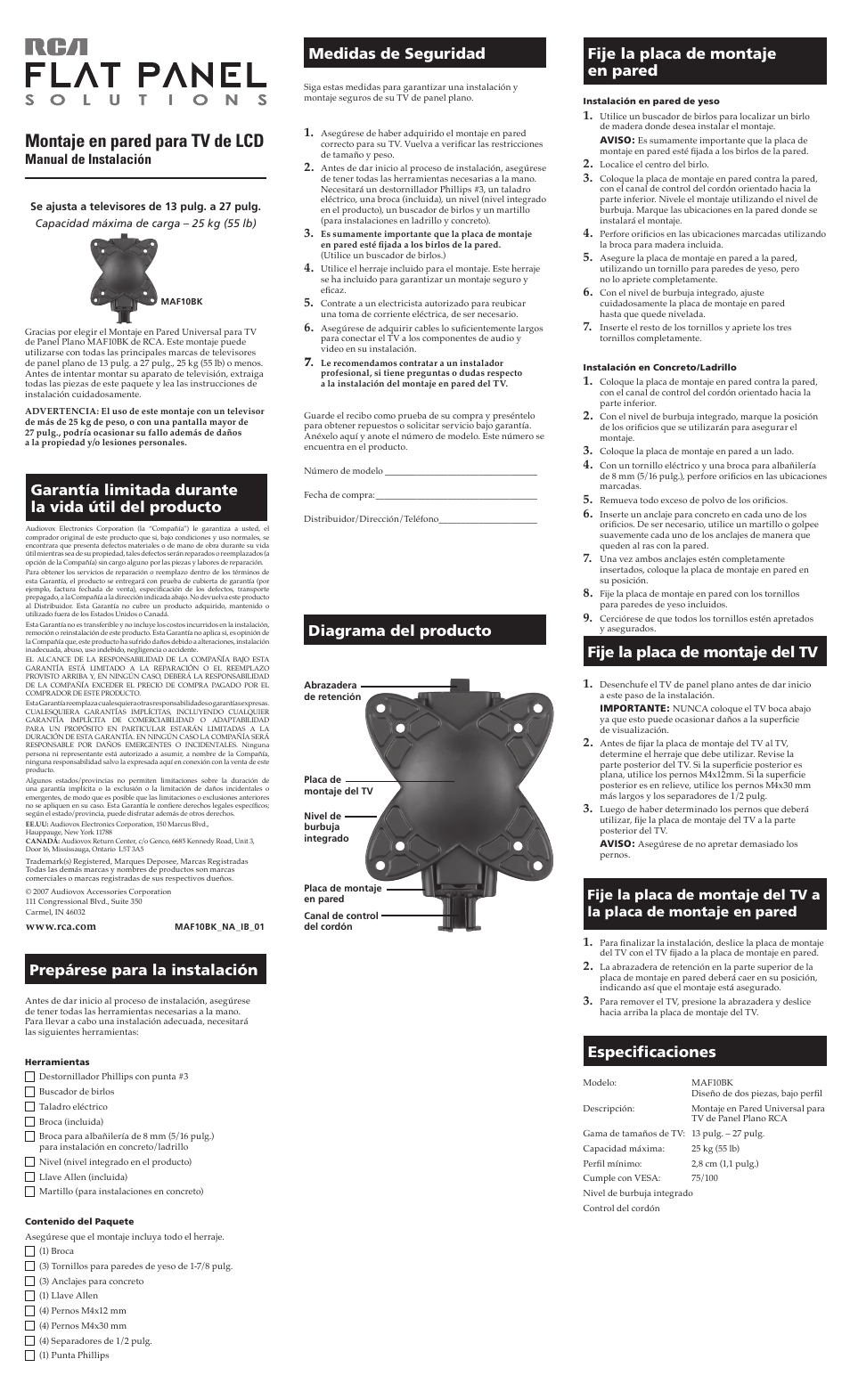 Montaje en pared para tv de lcd, Medidas de seguridad, Fije la placa de montaje del tv | Especificaciones, Manual de instalación | RCA MAF10BK User Manual | Page 2 / 2