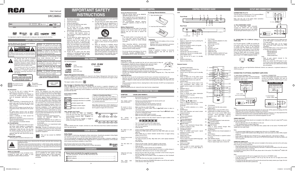 RCA DRC288SU User Manual | 2 pages