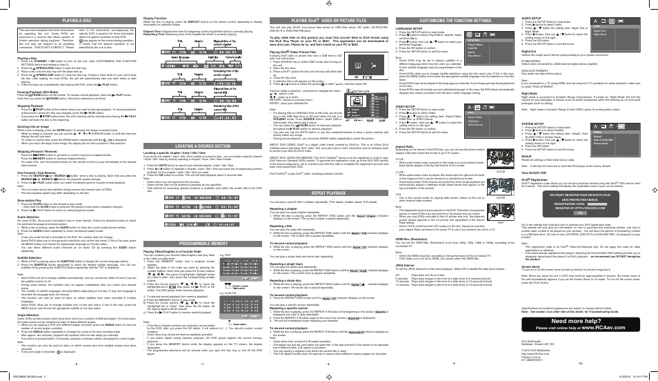 Need more help, Playing a disc, Playing divx | Video or picture files | RCA DRC288SU User Manual | Page 2 / 2