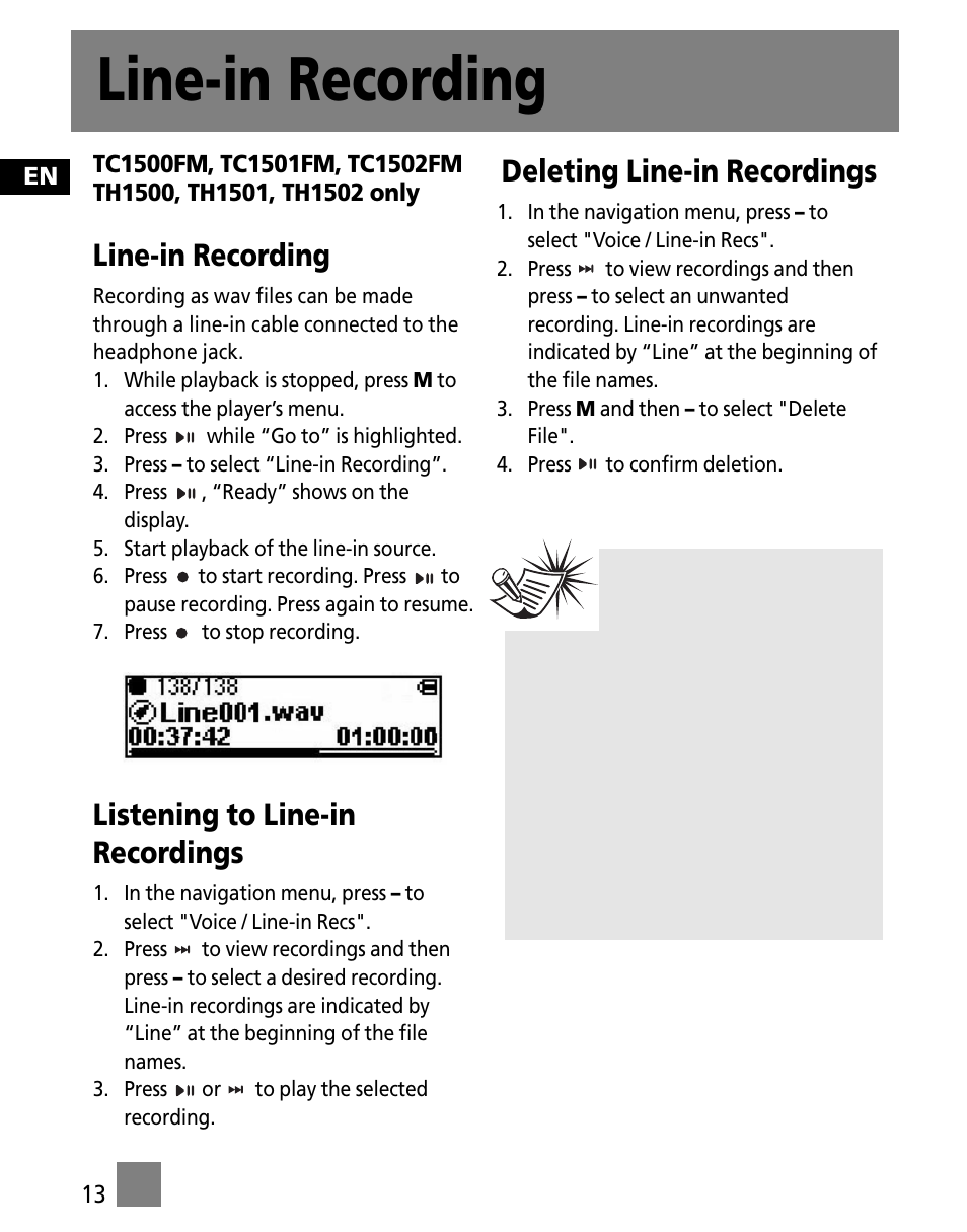 Line-in recording, Listening to line-in recordings, Deleting line-in recordings | RCA TC1500 User Manual | Page 22 / 48