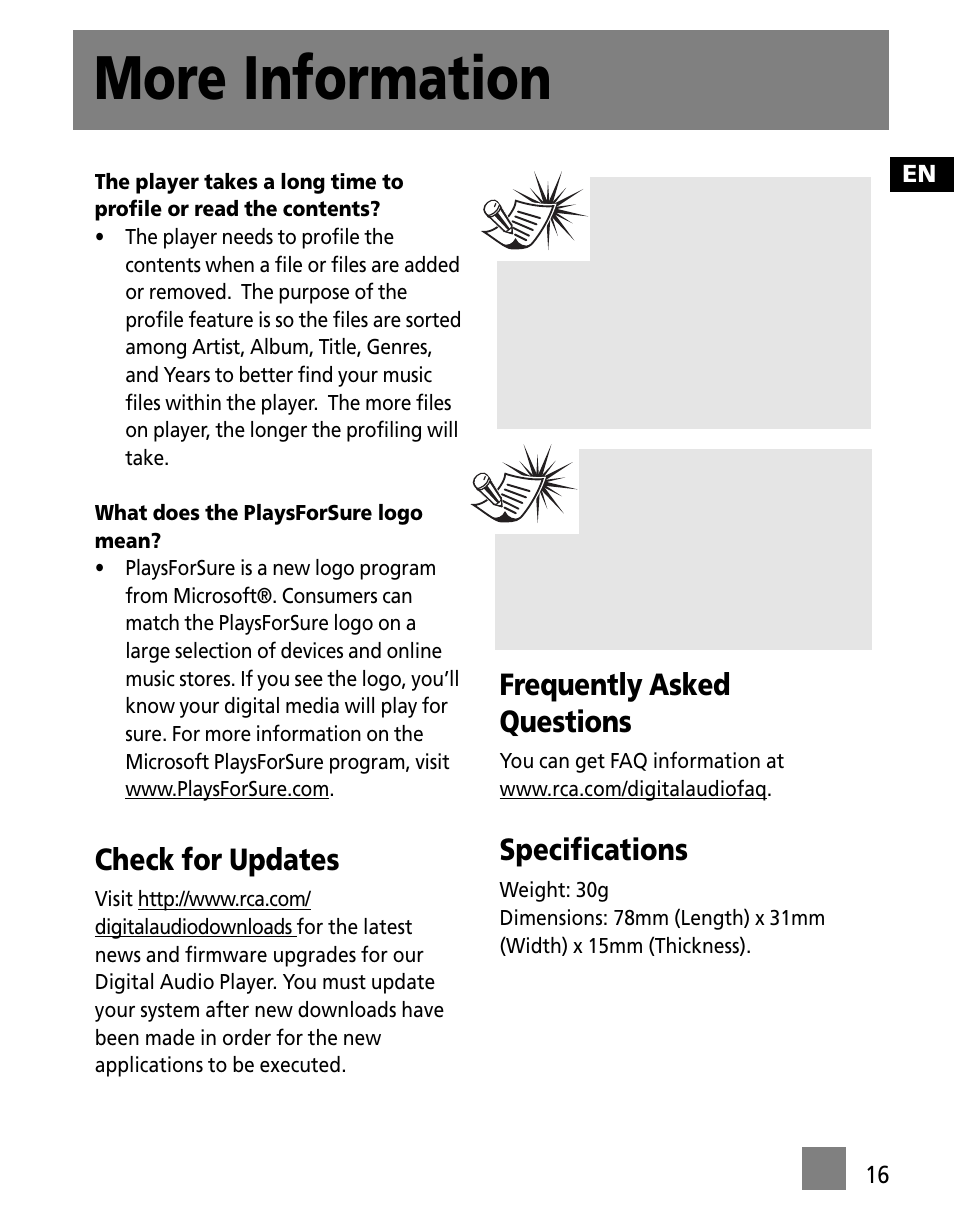 More information, Check for updates, Frequently asked questions | Specifications | RCA TC1500 User Manual | Page 25 / 48