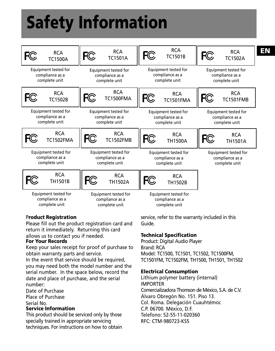 Safety information | RCA TC1500 User Manual | Page 3 / 48