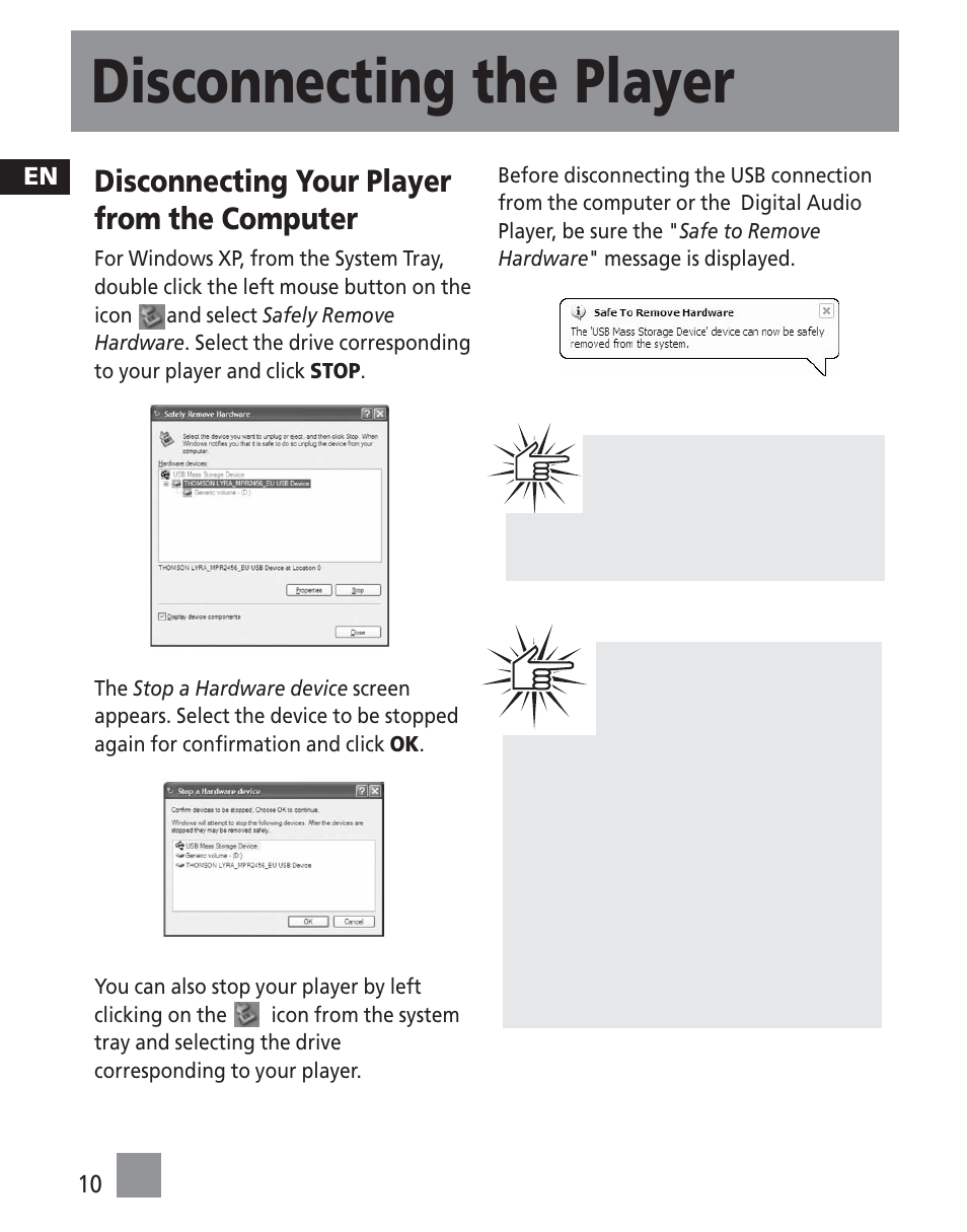Disconnecting the player, Disconnecting your player from the computer | RCA TC1500 User Manual | Page 46 / 48