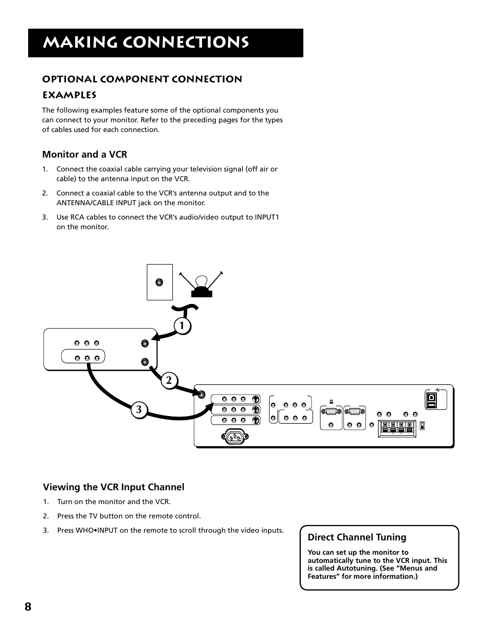 Making connections, Optional component connection examples, Monitor and a vcr | Viewing the vcr input channel, Direct channel tuning | RCA MM27110 User Manual | Page 10 / 64
