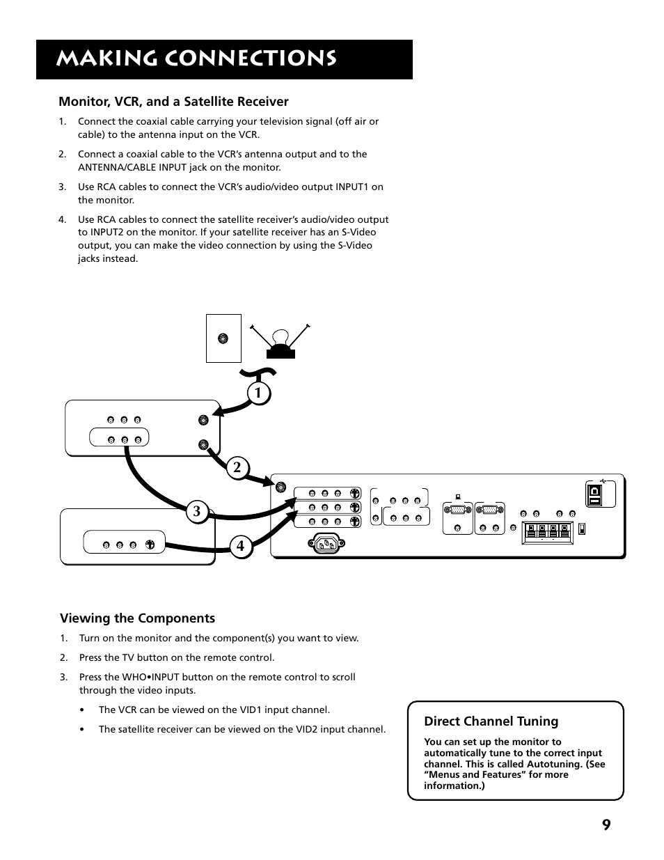 Making connections, Monitor, vcr, and a satellite receiver, Viewing the components | Direct channel tuning | RCA MM27110 User Manual | Page 11 / 64