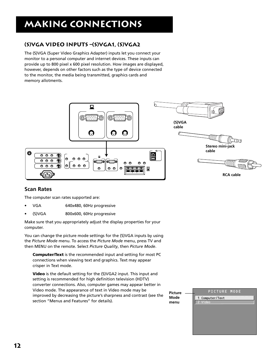 Making connections, S)vga video inputs –(s)vga1, (s)vga2, Scan rates | Picture mode menu, 1 computer/text 2 video | RCA MM27110 User Manual | Page 14 / 64