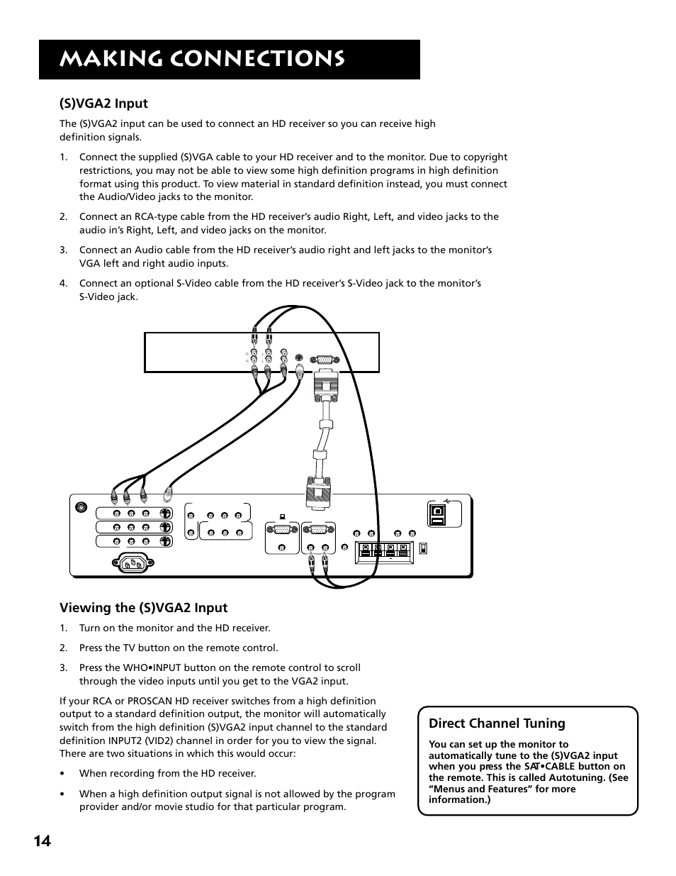 Making connections, S)vga2 input, Viewing the (s)vga2 input | Direct channel tuning | RCA MM27110 User Manual | Page 16 / 64