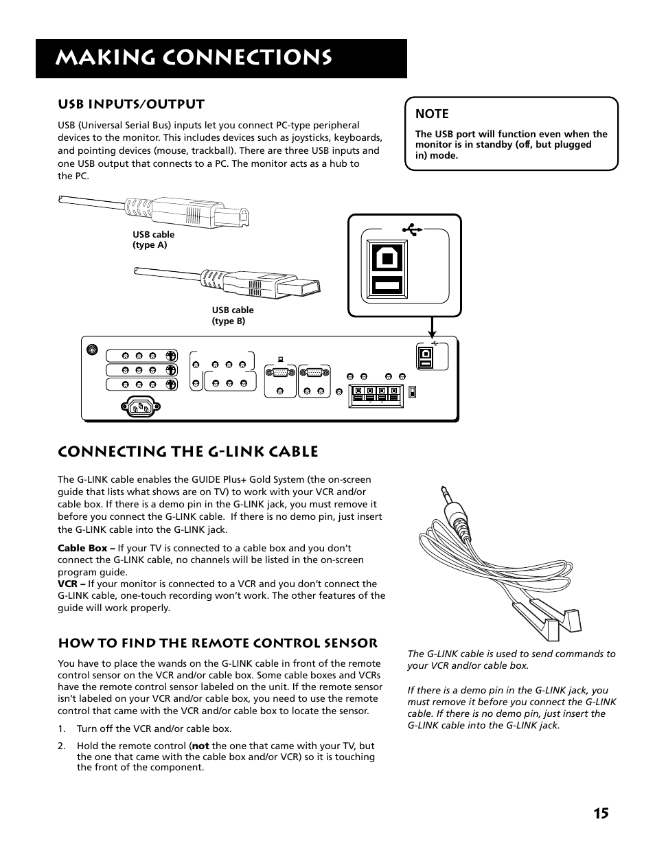 Making connections, Connecting the g-link cable, Usb inputs/output | How to find the remote control sensor, Usb cable (type a) usb cable (type b) | RCA MM27110 User Manual | Page 17 / 64