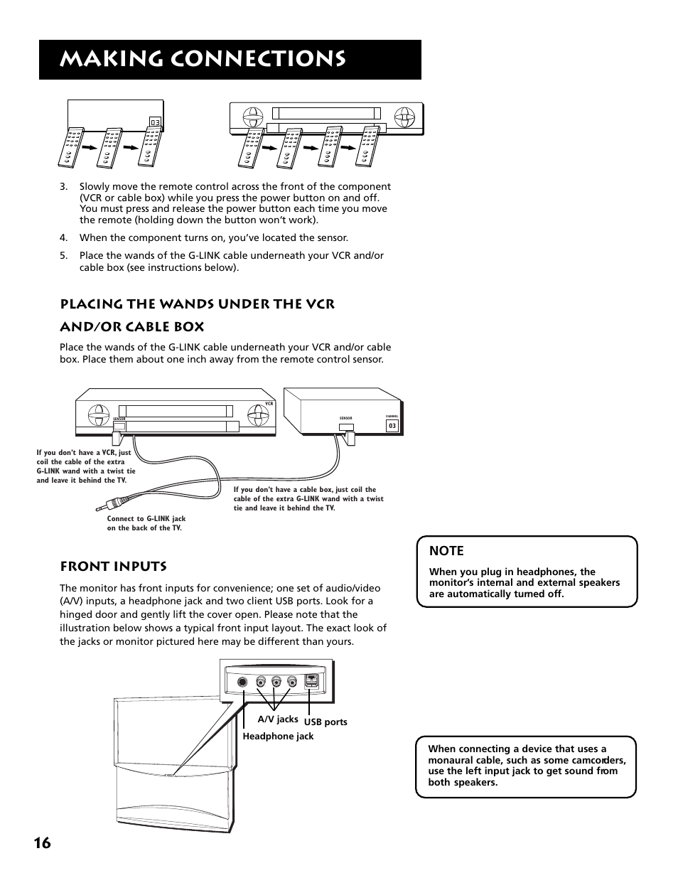 Making connections, Front inputs, Placing the wands under the vcr and/or cable box | RCA MM27110 User Manual | Page 18 / 64