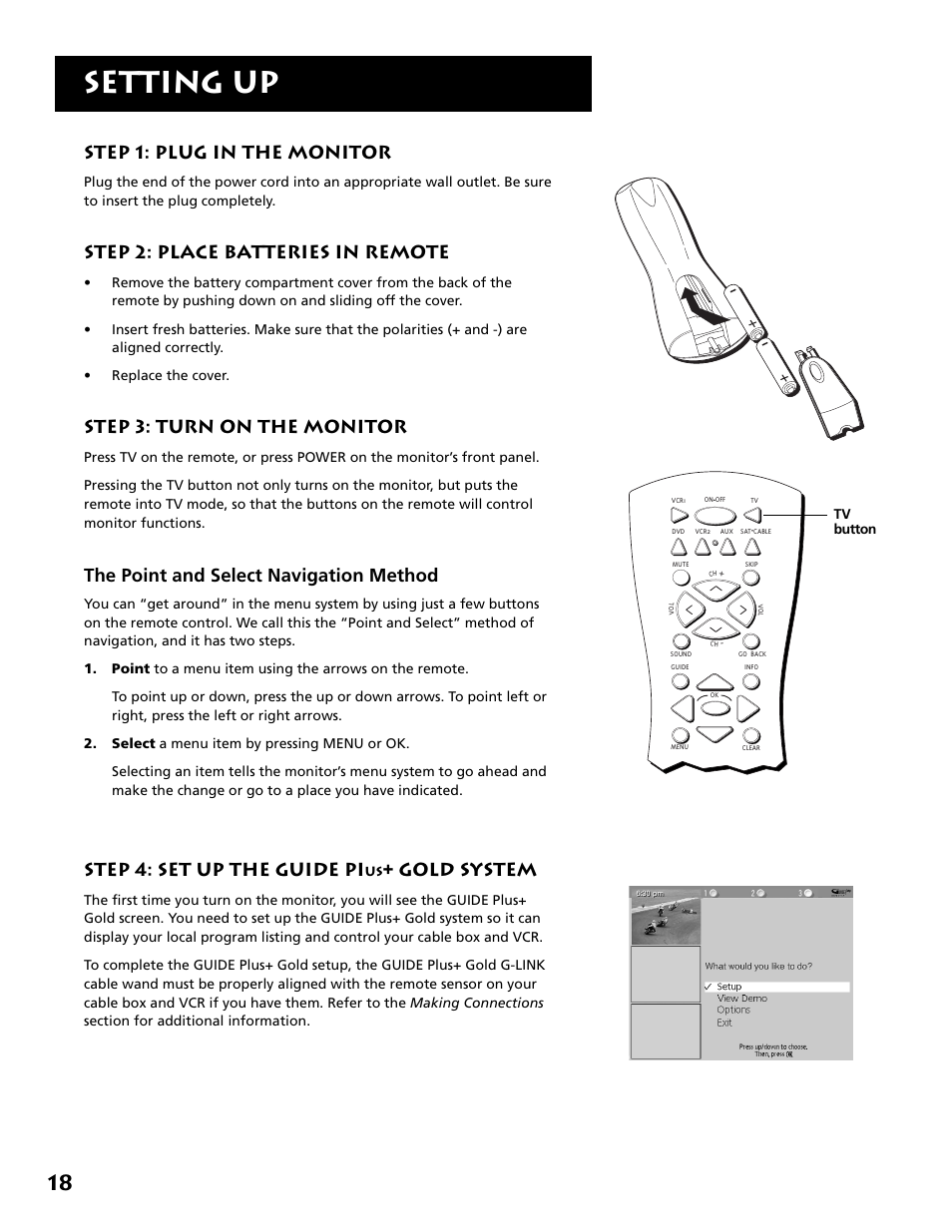 Setting up, Step 1: plug in the monitor, Step 2: place batteries in remote | Step 3: turn on the monitor, The point and select navigation method, Step 4: set up the guide pi, Gold system | RCA MM27110 User Manual | Page 20 / 64