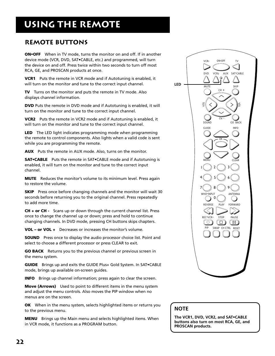 Using the remote, Remote buttons | RCA MM27110 User Manual | Page 24 / 64