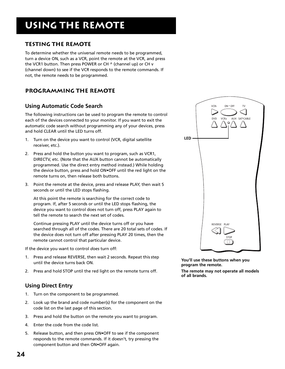 Using the remote, Testing the remote, Programming the remote using automatic code search | Using direct entry | RCA MM27110 User Manual | Page 26 / 64