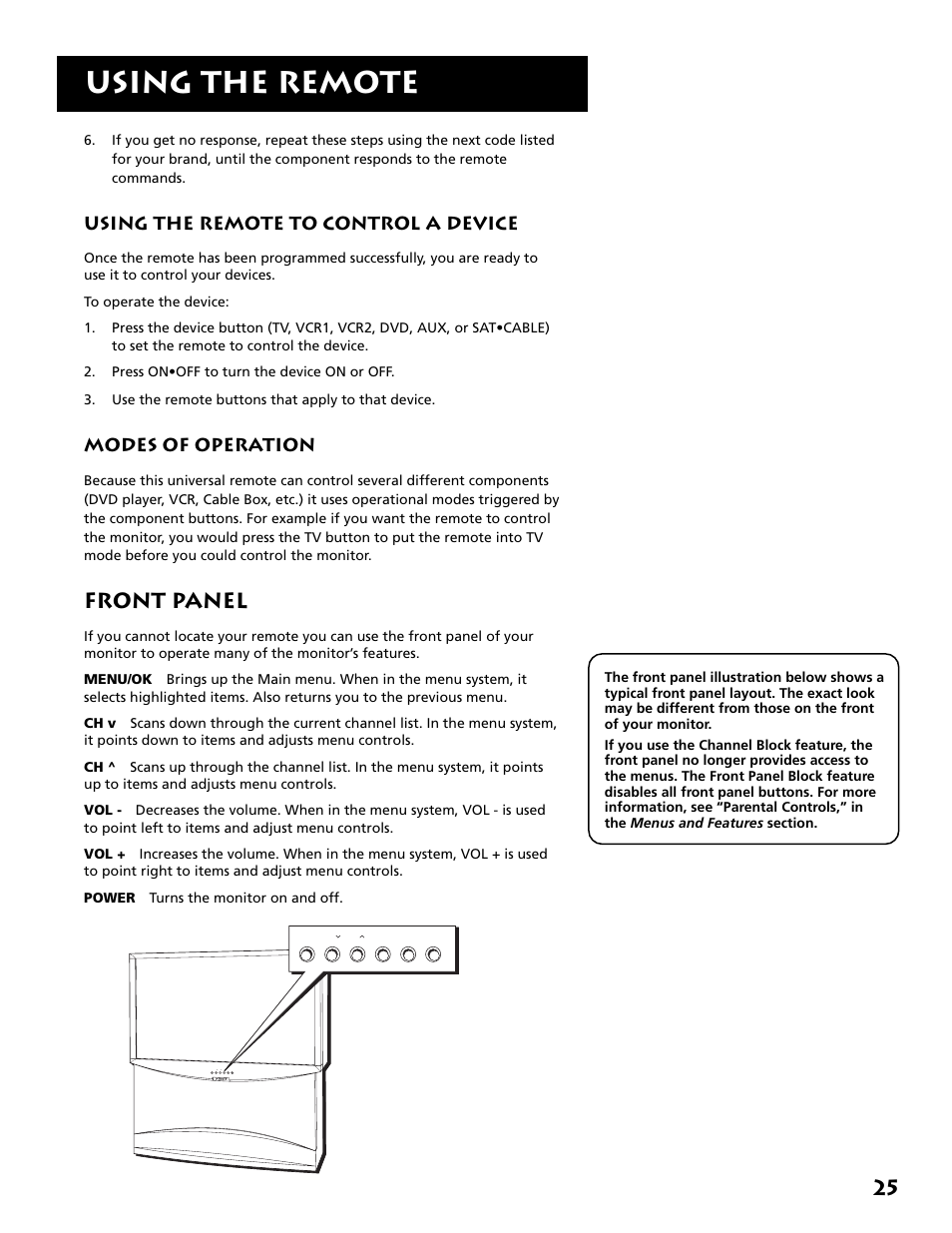 Using the remote, Front panel, Using the remote to control a device | Modes of operation | RCA MM27110 User Manual | Page 27 / 64