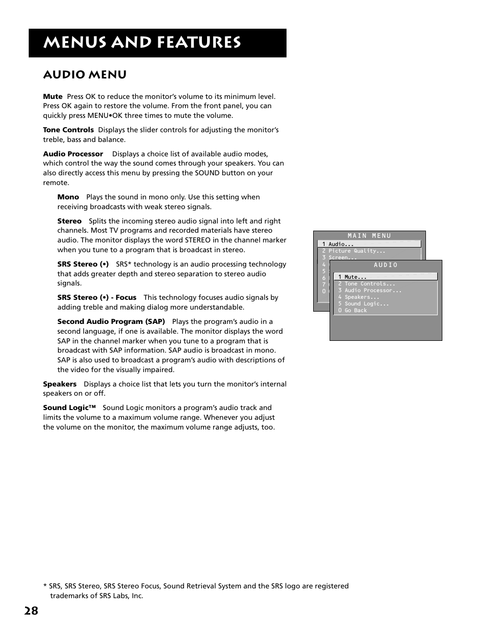 Menus and features, Audio menu | RCA MM27110 User Manual | Page 30 / 64