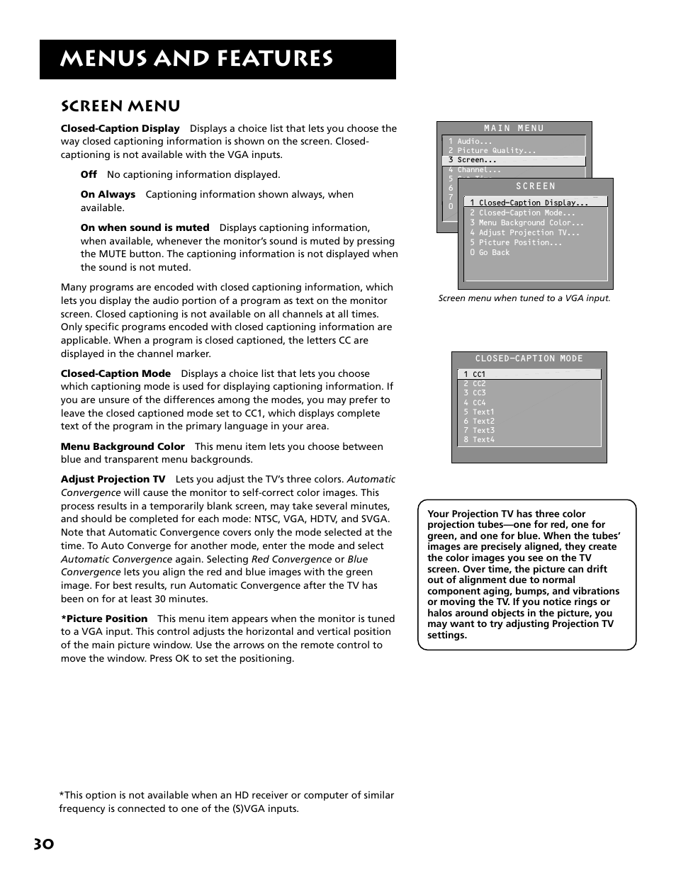 Menus and features, Screen menu | RCA MM27110 User Manual | Page 32 / 64