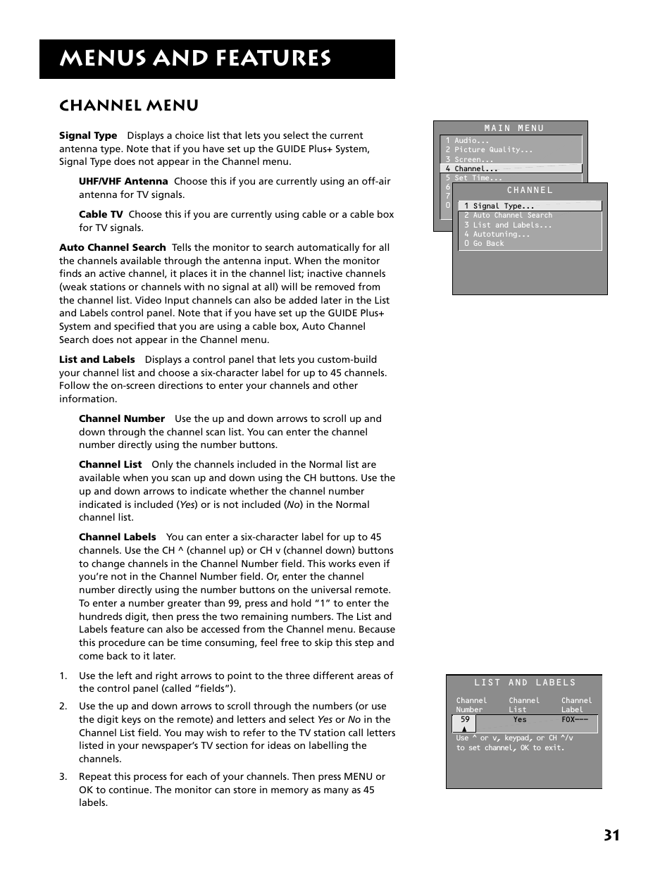Menus and features, Channel menu | RCA MM27110 User Manual | Page 33 / 64