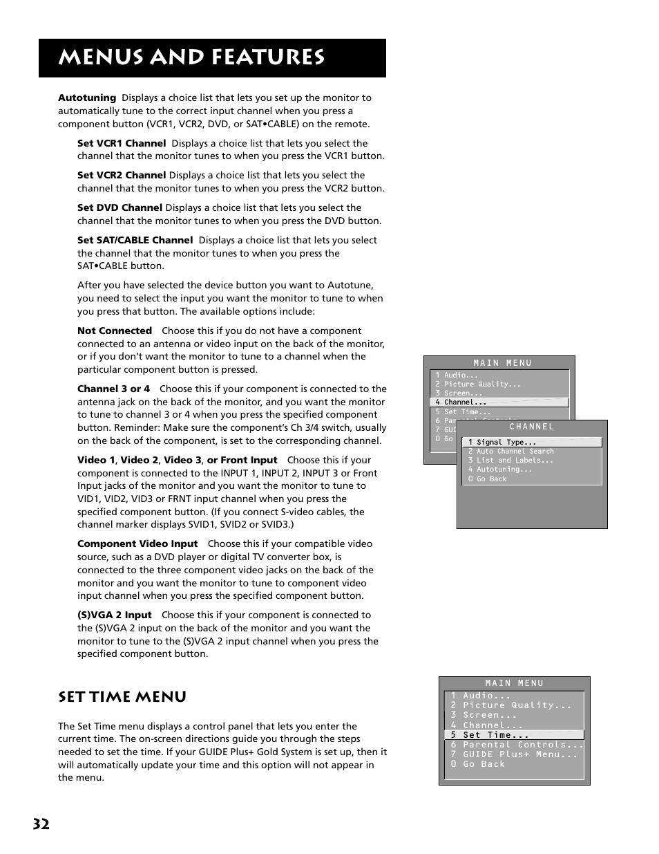 Menus and features, Set time menu | RCA MM27110 User Manual | Page 34 / 64
