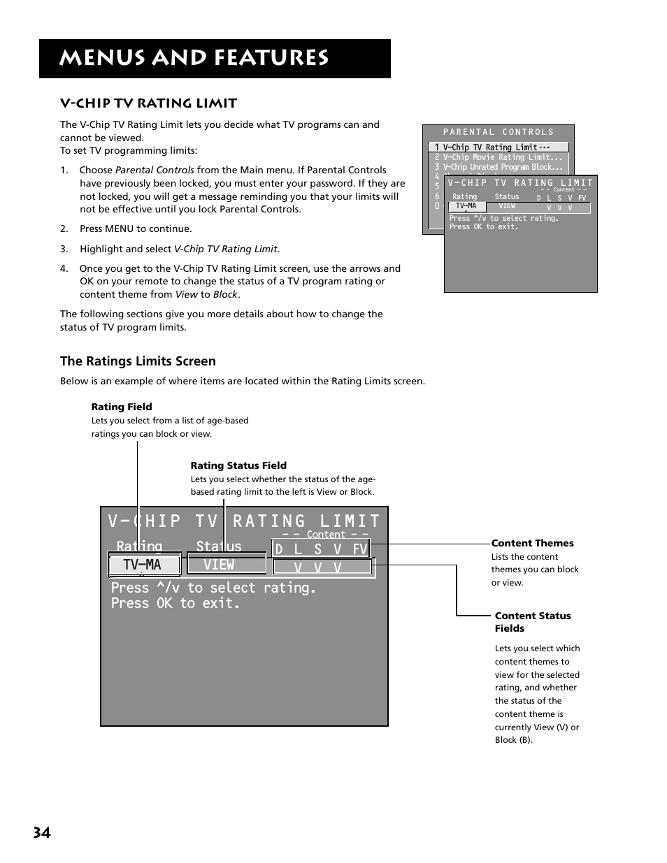 Menus and features, Rating status tv-ma view, V-chip tv rating limit | The ratings limits screen | RCA MM27110 User Manual | Page 36 / 64