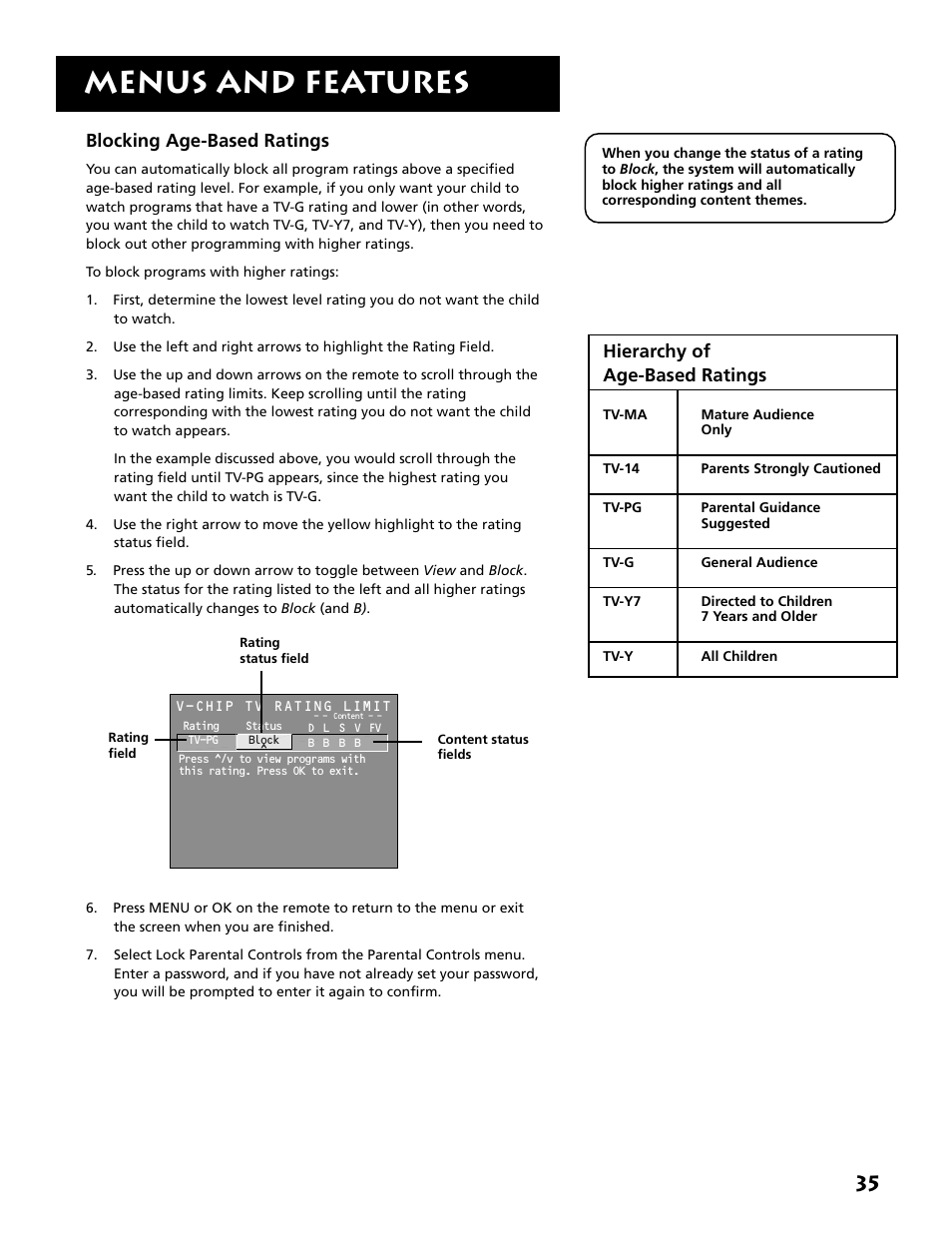Menus and features, Blocking age-based ratings, Hierarchy of age-based ratings | RCA MM27110 User Manual | Page 37 / 64