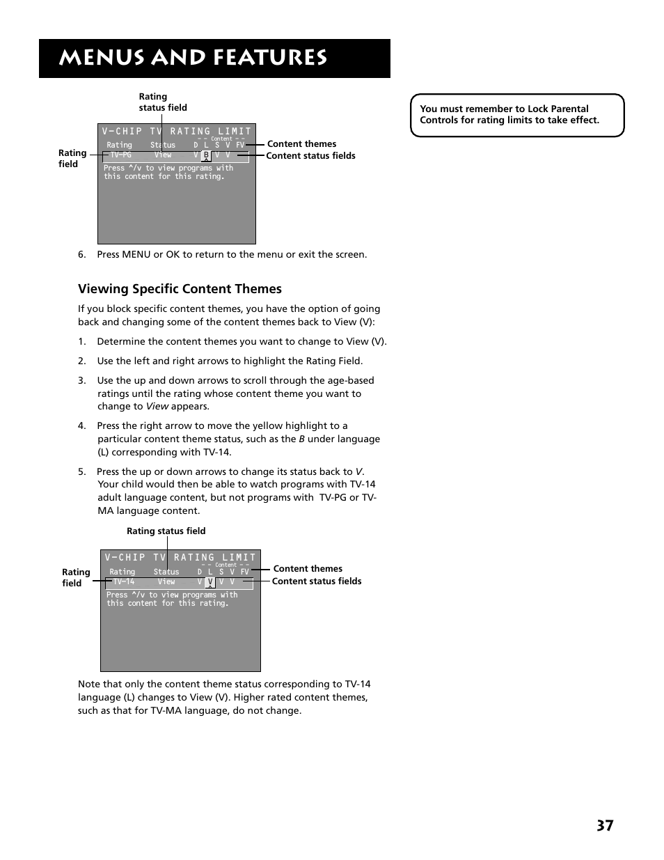 Menus and features, Viewing specific content themes | RCA MM27110 User Manual | Page 39 / 64