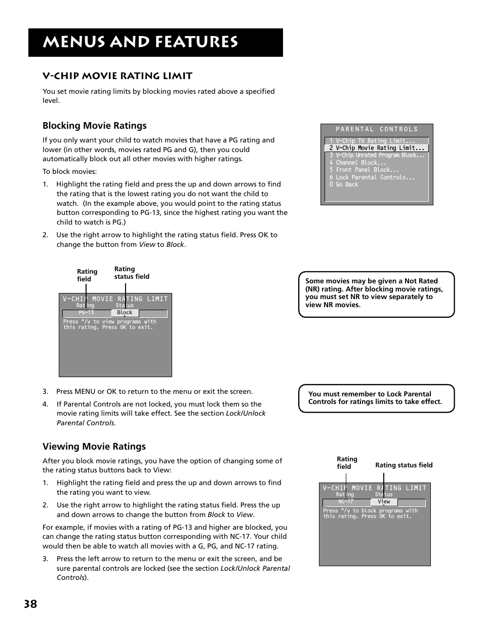 Menus and features, V-chip movie rating limit, Blocking movie ratings | Viewing movie ratings | RCA MM27110 User Manual | Page 40 / 64