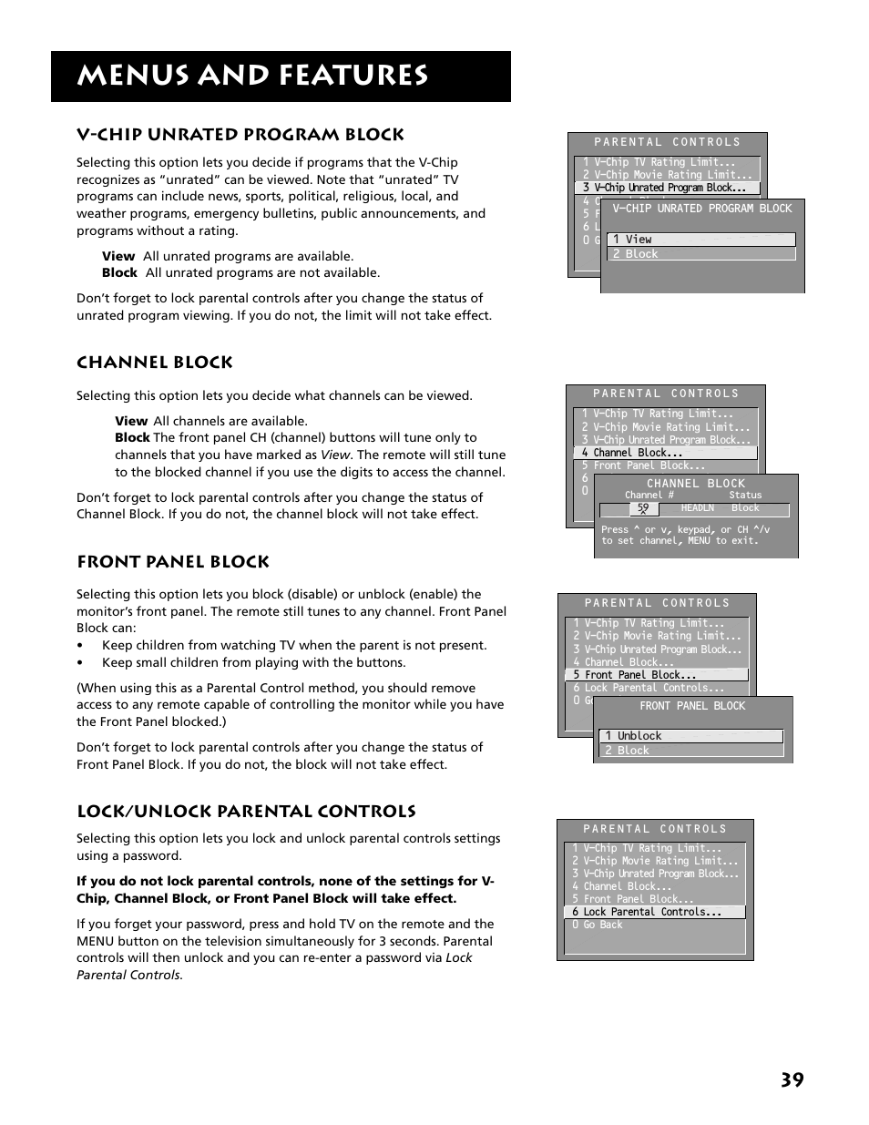 Menus and features, V-chip unrated program block, Channel block | Front panel block, Lock/unlock parental controls | RCA MM27110 User Manual | Page 41 / 64