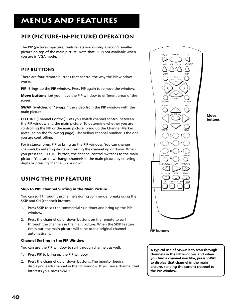 Menus and features, Pip (picture-in-picture) operation, Using the pip feature | Pip buttons | RCA MM27110 User Manual | Page 42 / 64