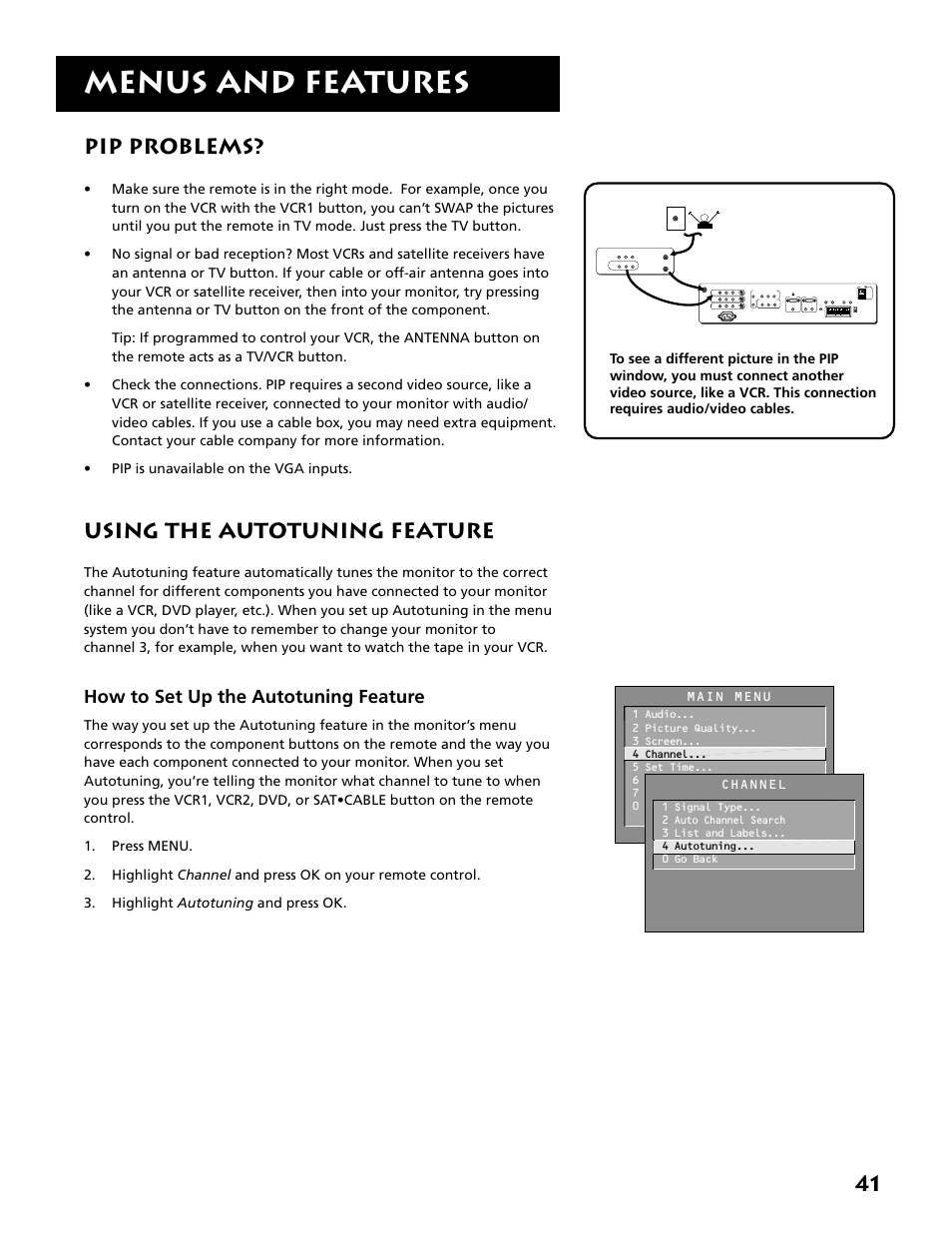 Menus and features, 41 pip problems, Using the autotuning feature | How to set up the autotuning feature | RCA MM27110 User Manual | Page 43 / 64