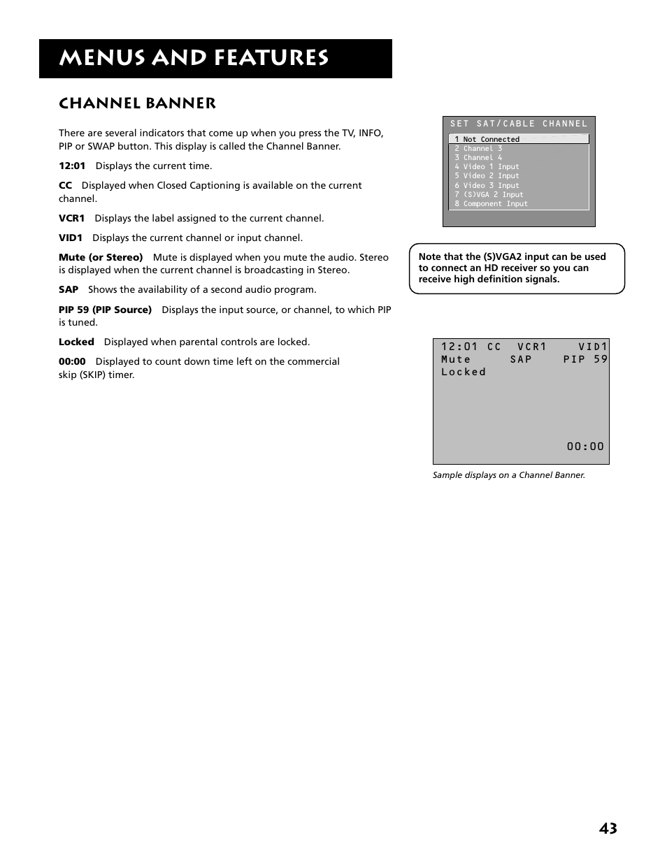 Menus and features, 43 channel banner | RCA MM27110 User Manual | Page 45 / 64