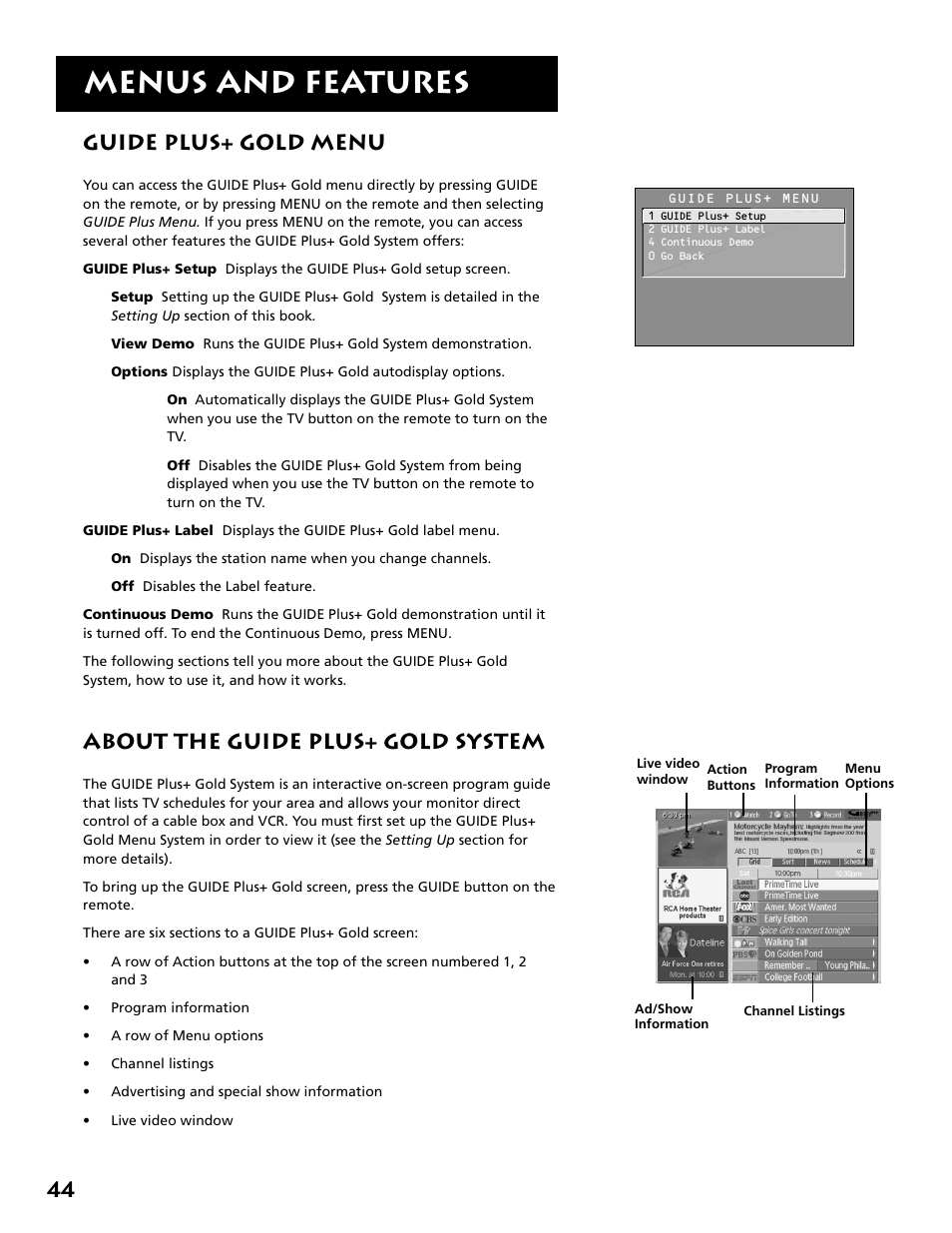 Menus and features, Guide plus+ gold menu, About the guide plus+ gold system | RCA MM27110 User Manual | Page 46 / 64