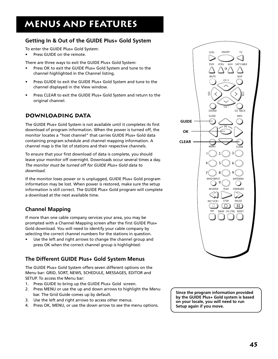 Menus and features, Getting in & out of the guide pius+ gold system, Downloading data | Channel mapping, The different guide pius+ gold system menus | RCA MM27110 User Manual | Page 47 / 64