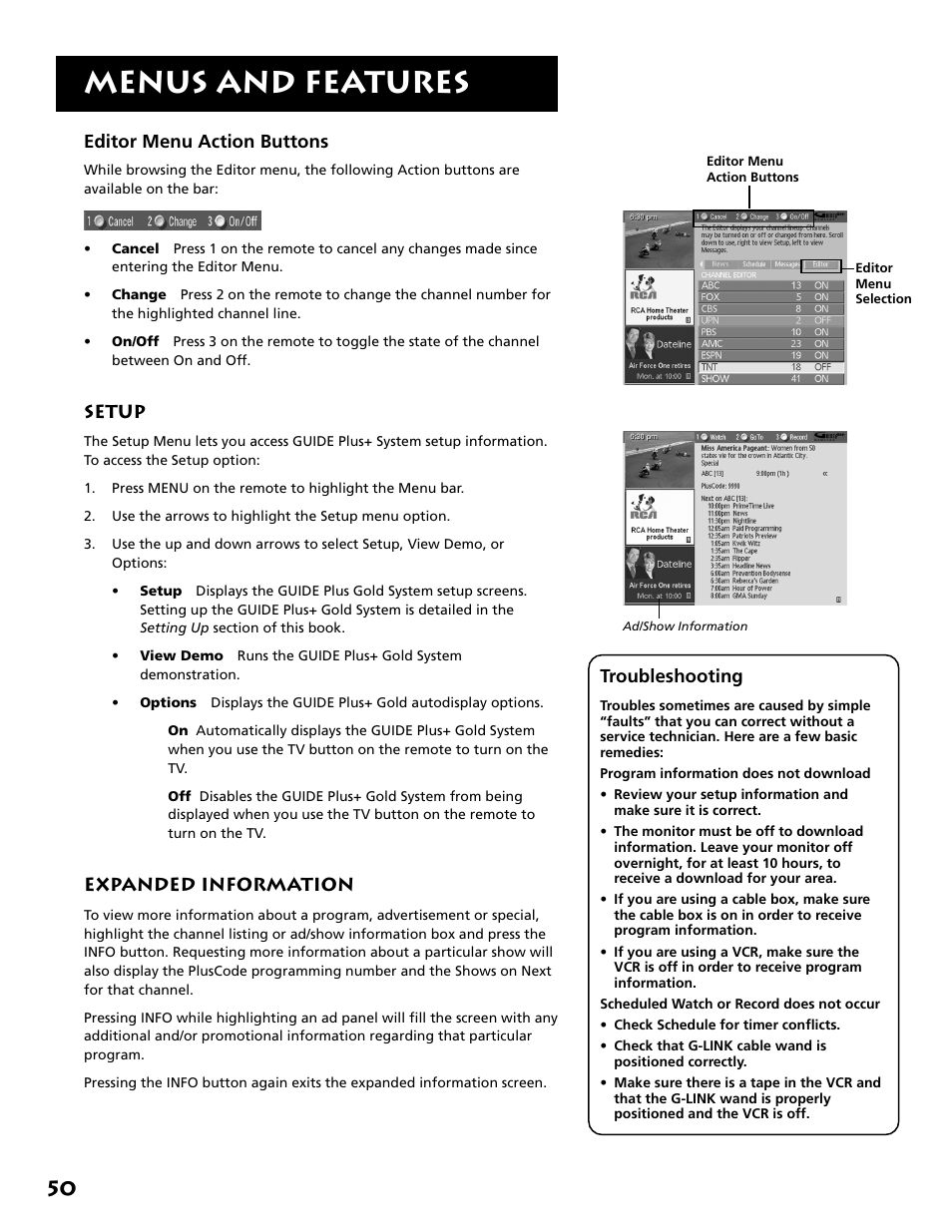 Menus and features | RCA MM27110 User Manual | Page 52 / 64