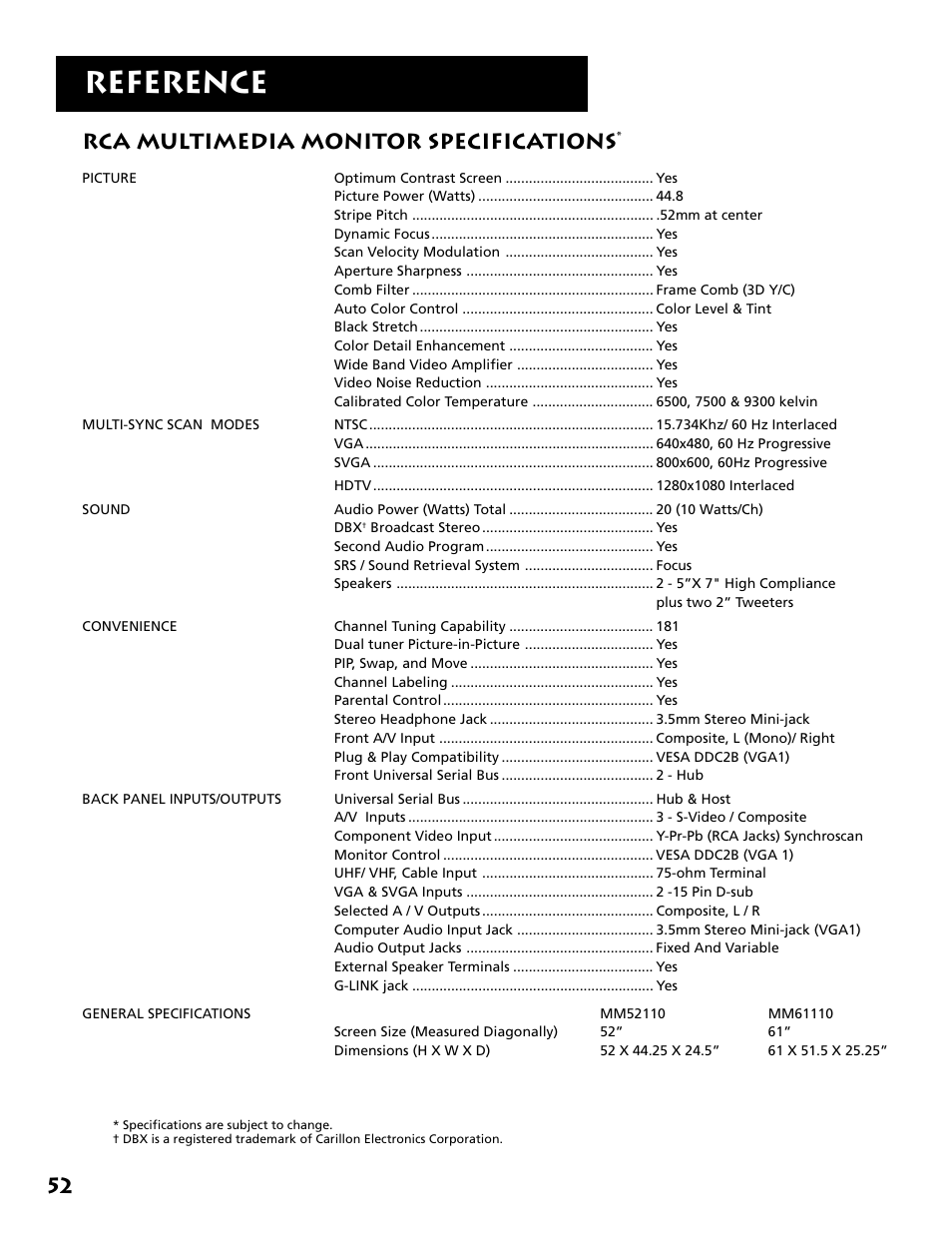 Reference, Rca multimedia monitor specifications | RCA MM27110 User Manual | Page 54 / 64