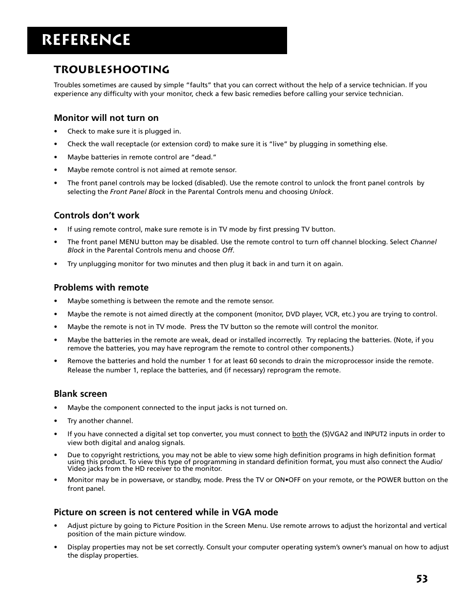 Reference, Troubleshooting | RCA MM27110 User Manual | Page 55 / 64