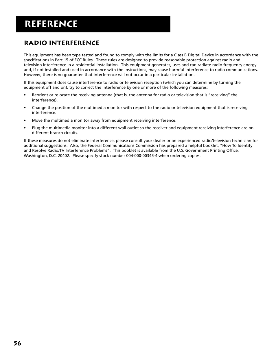 Reference, Radio interference | RCA MM27110 User Manual | Page 58 / 64