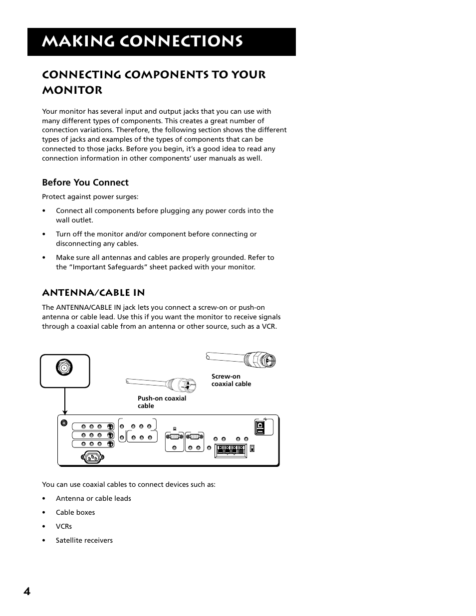 Making connections, Connecting components to your monitor, Before you connect | Antenna/cable in, Screw-on coaxial cable push-on coaxial cable | RCA MM27110 User Manual | Page 6 / 64