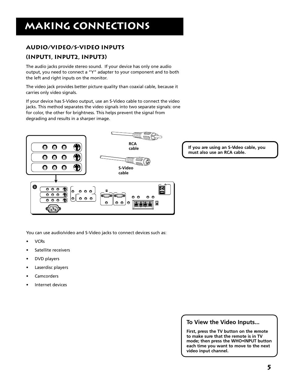 Making connections, Rca cable s-video cable | RCA MM27110 User Manual | Page 7 / 64